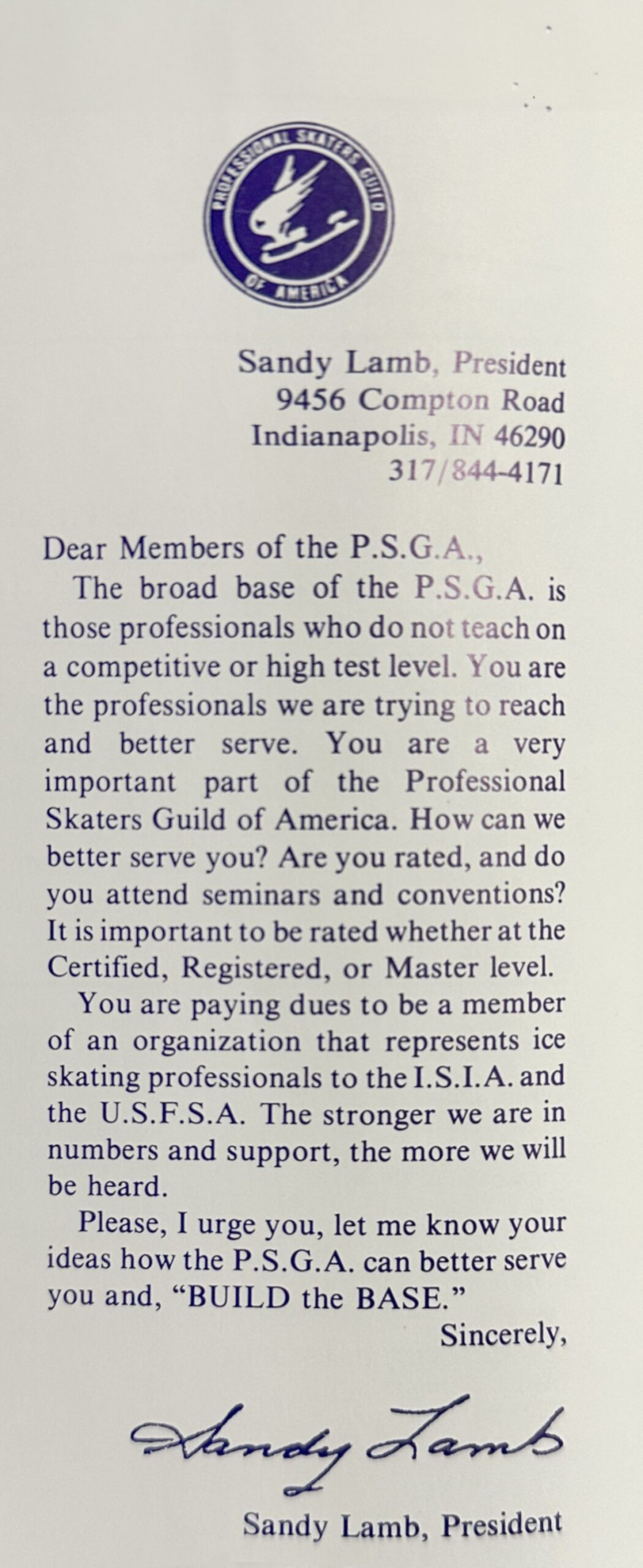 PSGA president Sandy Lamb's letter